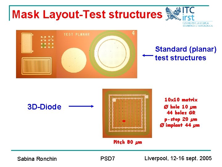 Mask Layout-Test structures Standard (planar) test structures 10 x 10 matrix Ø hole 10
