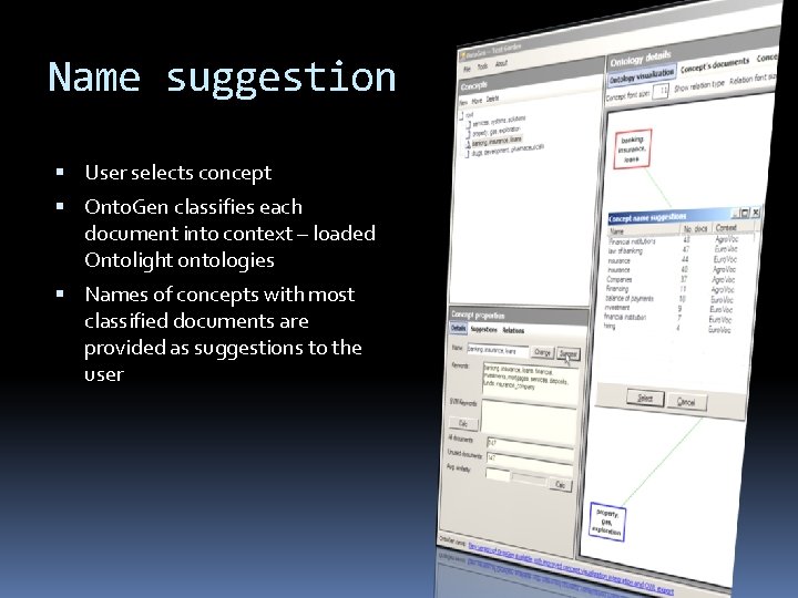 Name suggestion User selects concept Onto. Gen classifies each document into context – loaded