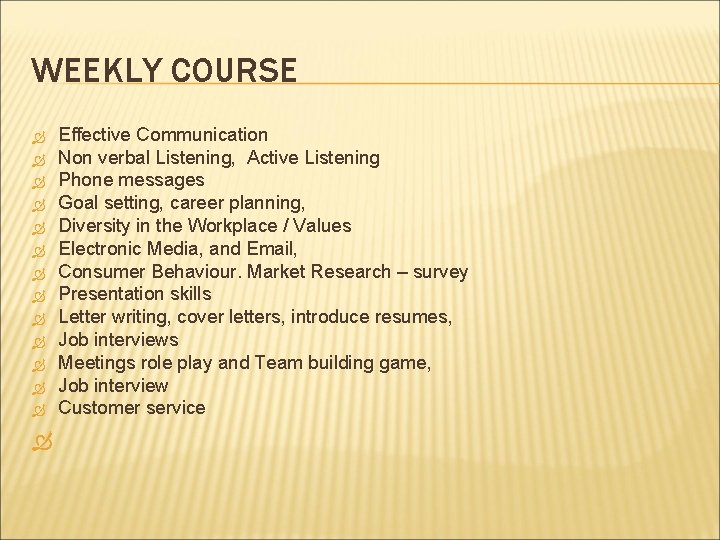 WEEKLY COURSE Effective Communication Non verbal Listening, Active Listening Phone messages Goal setting, career