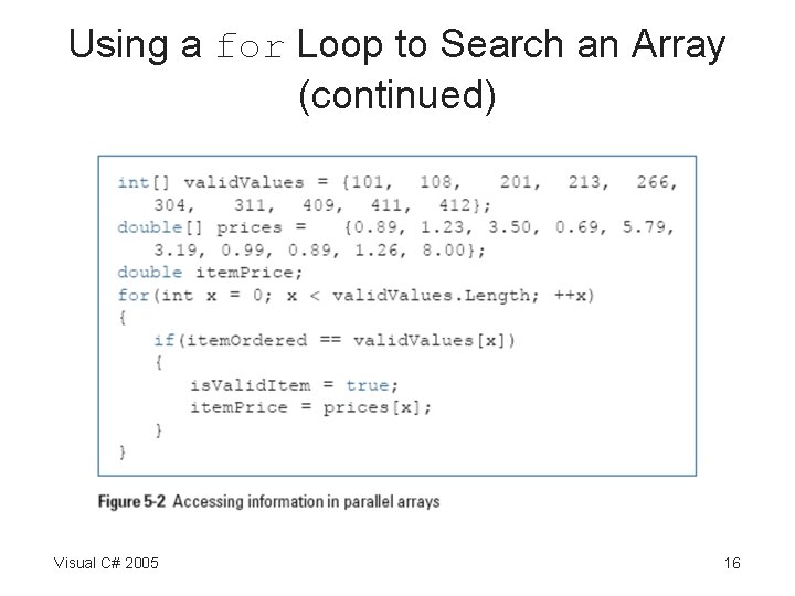 Using a for Loop to Search an Array (continued) Visual C# 2005 16 Using a for Loop to Search an Array (continued) Visual C# 2005 16