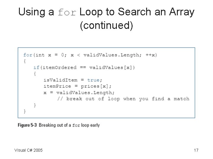 Using a for Loop to Search an Array (continued) Visual C# 2005 17 Using a for Loop to Search an Array (continued) Visual C# 2005 17