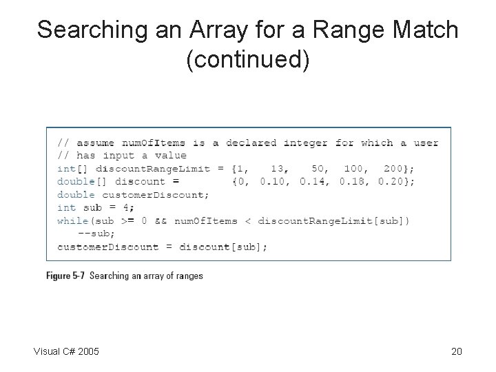 Searching an Array for a Range Match (continued) Visual C# 2005 20 Searching an Array for a Range Match (continued) Visual C# 2005 20