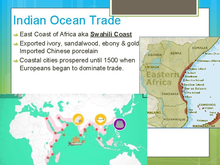 Indian Ocean Trade East Coast of Africa aka Swahili Coast Exported ivory, sandalwood, ebony