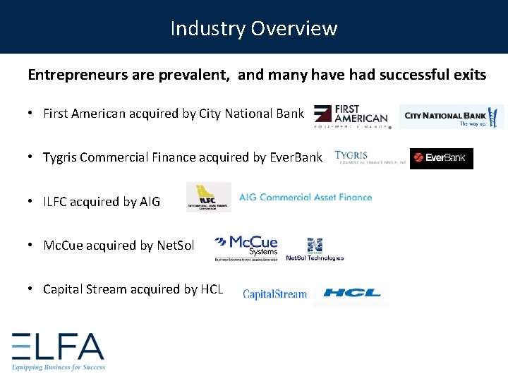 Industry Overview Entrepreneurs are prevalent, and many have had successful exits • First American