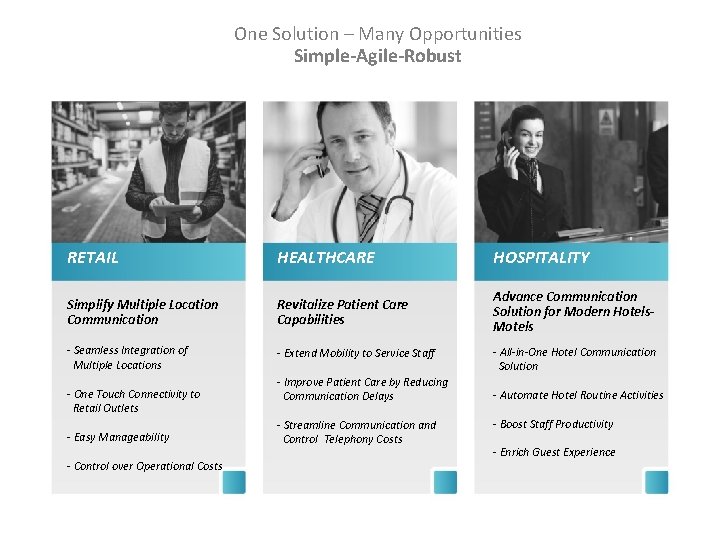 One Solution – Many Opportunities Simple-Agile-Robust RETAIL HEALTHCARE HOSPITALITY Simplify Multiple Location Communication Revitalize