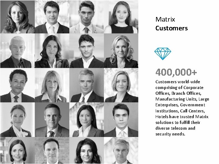 Matrix Customers 400, 000+ Customers world-wide comprising of Corporate Offices, Branch Offices, Manufacturing Units, Matrix Customers 400, 000+ Customers world-wide comprising of Corporate Offices, Branch Offices, Manufacturing Units,