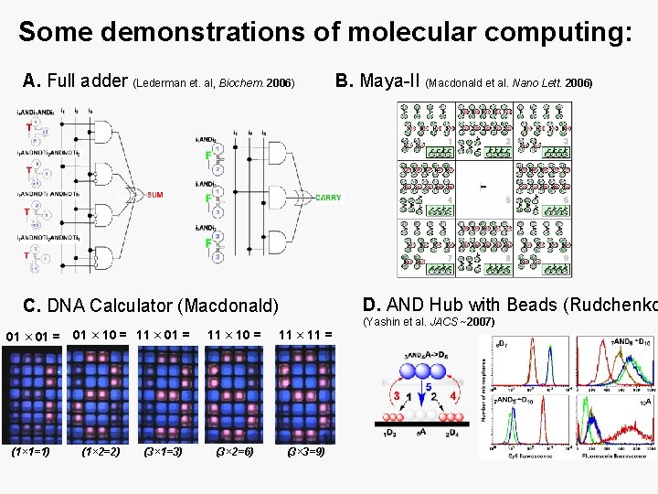 Some demonstrations of molecular computing: A. Full adder (Lederman et. al, Biochem. 2006) D.