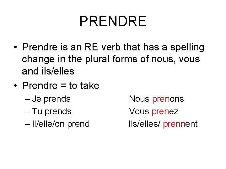 PRENDRE • Prendre is an RE verb that has a spelling change in the