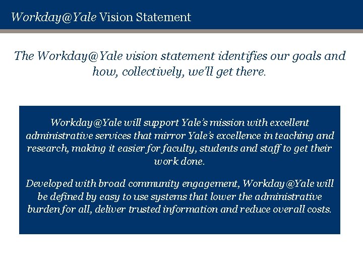 Workday@Yale Vision Statement The Workday@Yale vision statement identifies our goals and how, collectively, we’ll