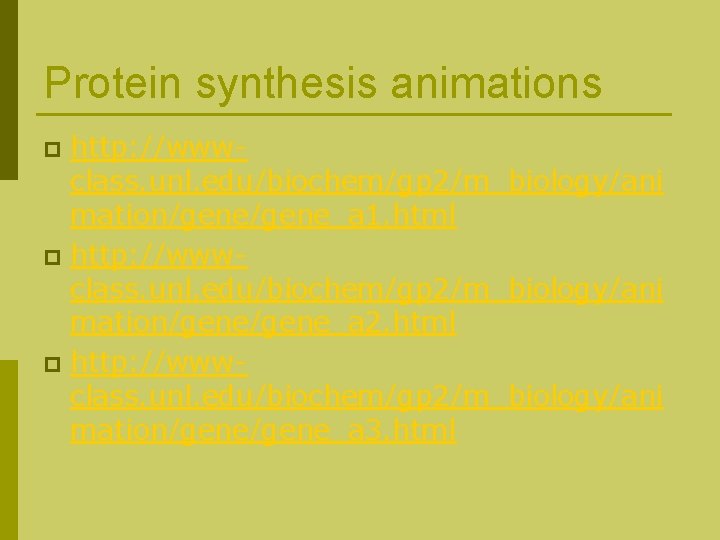 Protein synthesis animations http: //wwwclass. unl. edu/biochem/gp 2/m_biology/ani mation/gene_a 1. html p http: //wwwclass.