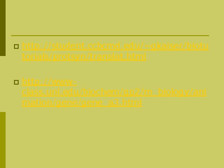 p http: //student. ccbcmd. edu/~gkaiser/biotu torials/protsyn/translat. html p http: //wwwclass. unl. edu/biochem/gp 2/m_biology/ani mation/gene_a