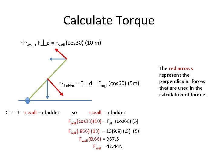 Calculate Torque ⏆wall = F⏊d = Fwall (cos 30) (10 m) ⏆ladder = F⏊d