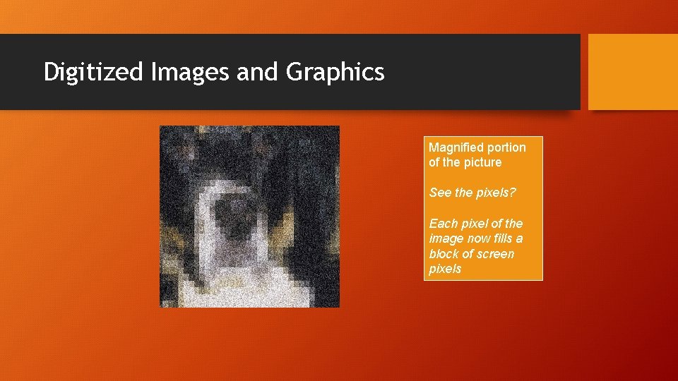 Digitized Images and Graphics Magnified portion of the picture See the pixels? Each pixel