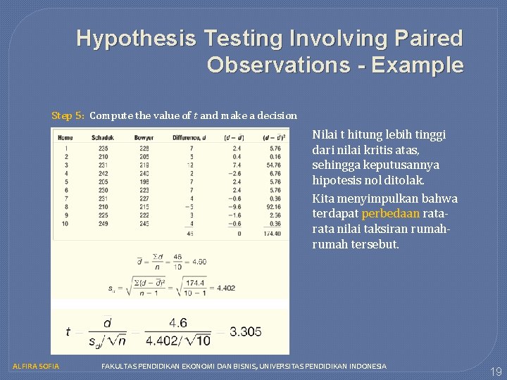 Hypothesis Testing Involving Paired Observations - Example Step 5: Compute the value of t
