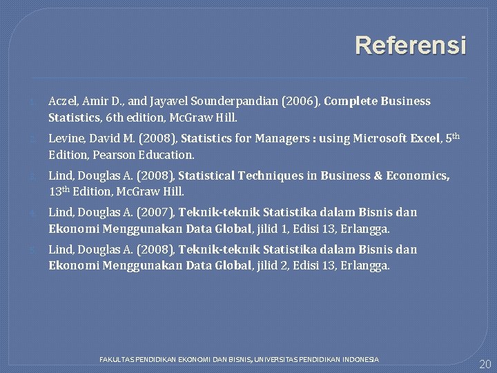 Referensi 1. Aczel, Amir D. , and Jayavel Sounderpandian (2006), Complete Business Statistics, 6