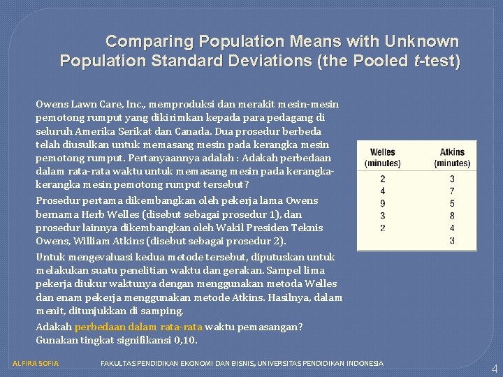 Comparing Population Means with Unknown Population Standard Deviations (the Pooled t-test) Owens Lawn Care,