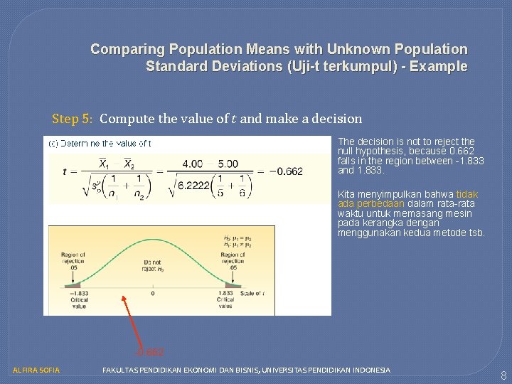 Comparing Population Means with Unknown Population Standard Deviations (Uji-t terkumpul) - Example Step 5: