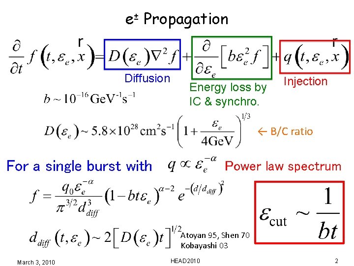 e± Propagation Diffusion Energy loss by IC & synchro. Injection ← B/C ratio For