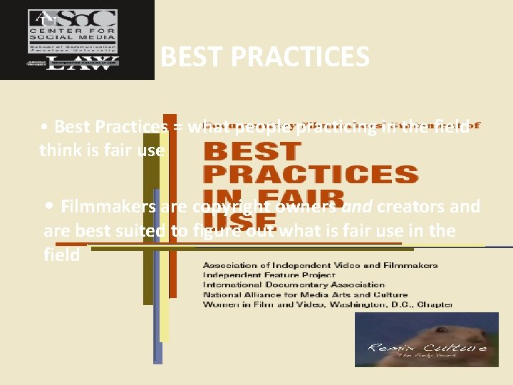 BEST PRACTICES • Best Practices = what people practicing in the field think is