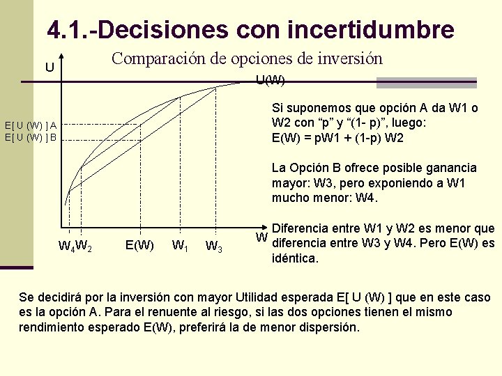 4. 1. -Decisiones con incertidumbre Comparación de opciones de inversión U U(W) Si suponemos