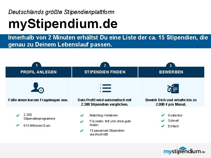 Deutschlands größte Stipendienplattform my. Stipendium. de Innerhalb von 2 Minuten erhältst Du eine Liste