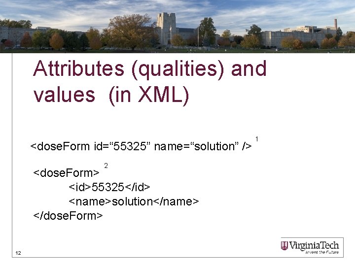 Attributes (qualities) and values (in XML) <dose. Form id=“ 55325” name=“solution” /> 2 <dose.