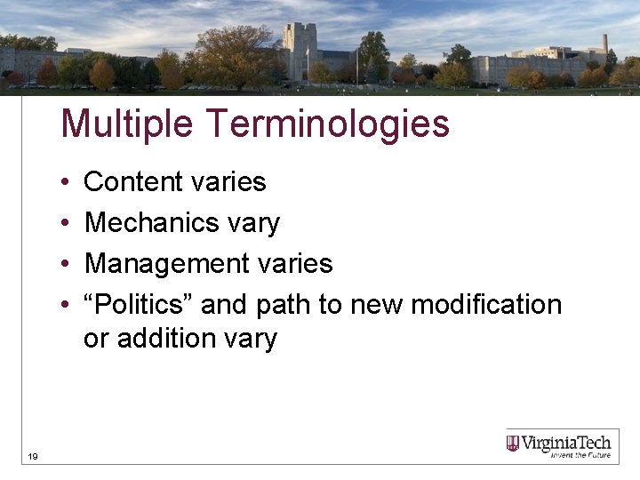 Multiple Terminologies • • 19 Content varies Mechanics vary Management varies “Politics” and path