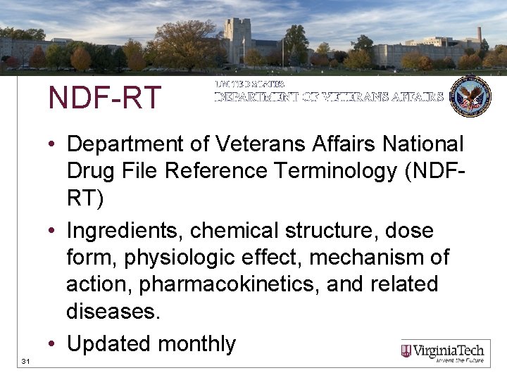 NDF-RT • Department of Veterans Affairs National Drug File Reference Terminology (NDFRT) • Ingredients,
