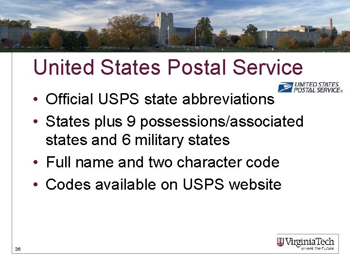 United States Postal Service • Official USPS state abbreviations • States plus 9 possessions/associated