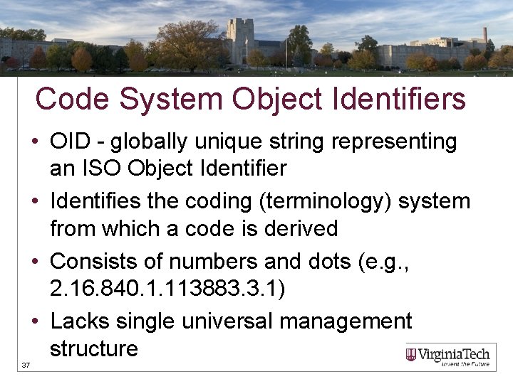 Code System Object Identifiers • OID - globally unique string representing an ISO Object