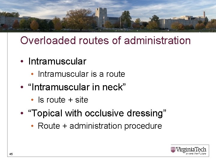 Overloaded routes of administration • Intramuscular is a route • “Intramuscular in neck” •