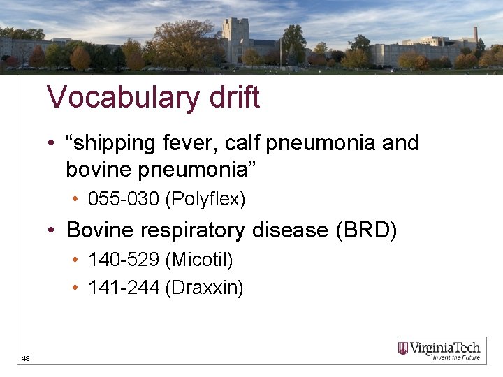 Vocabulary drift • “shipping fever, calf pneumonia and bovine pneumonia” • 055 -030 (Polyflex)