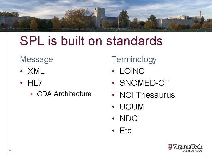 SPL is built on standards Message • XML • HL 7 • CDA Architecture