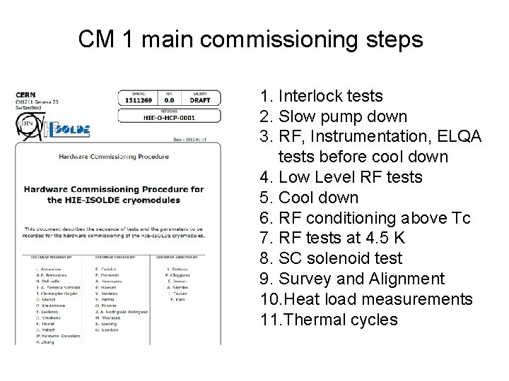 CM 1 main commissioning steps 1. Interlock tests 2. Slow pump down 3. RF,