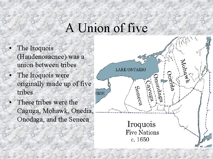 A Union of five • The Iroquois (Haudenosacnee) was a union between tribes •