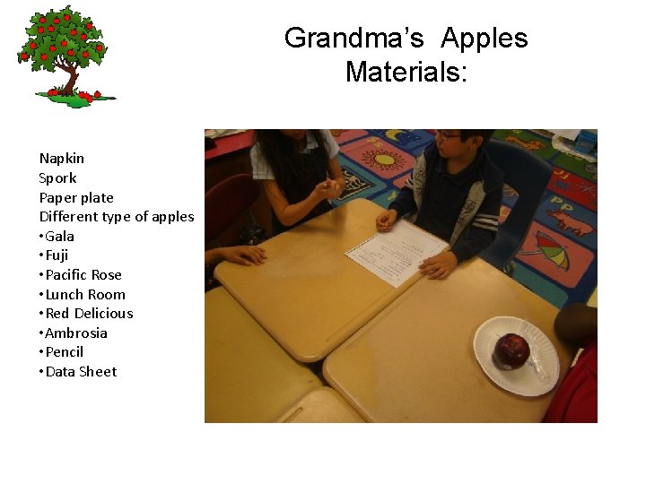 Grandma’s Apples Materials: Napkin Spork Paper plate Different type of apples • Gala •