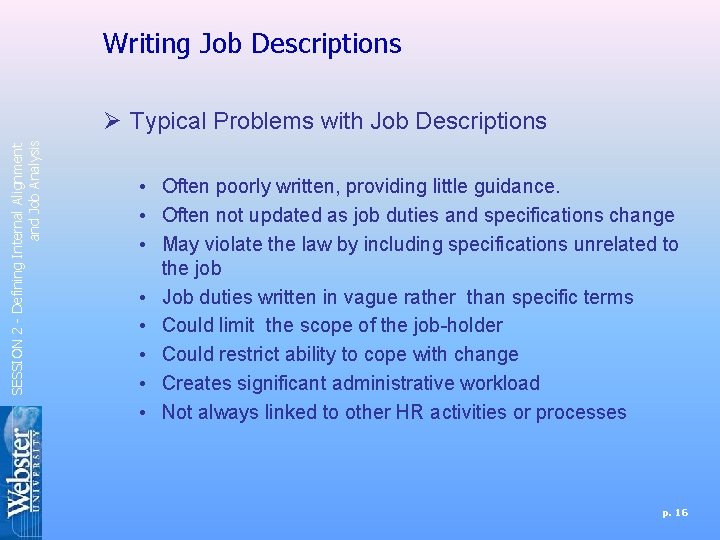 Writing Job Descriptions SESSION 2 - Defining Internal Alignment and Job Analysis Ø Typical
