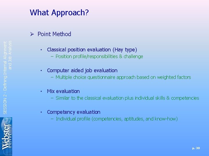 What Approach? SESSION 2 - Defining Internal Alignment and Job Analysis Ø Point Method What Approach? SESSION 2 - Defining Internal Alignment and Job Analysis Ø Point Method