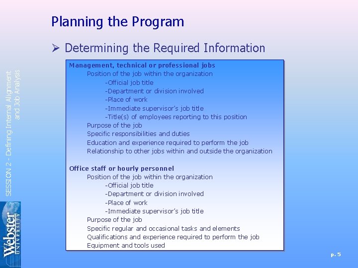 Planning the Program SESSION 2 - Defining Internal Alignment and Job Analysis Ø Determining