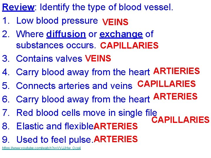 Review: Identify the type of blood vessel. 1. Low blood pressure VEINS 2. Where