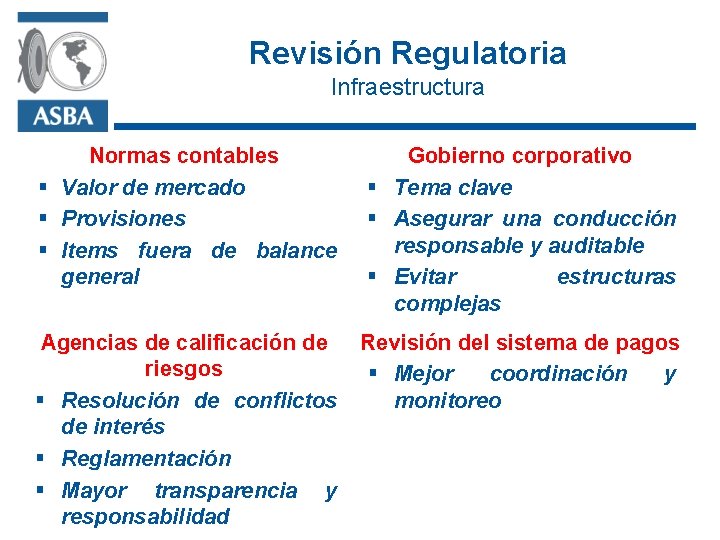Revisión Regulatoria Infraestructura Normas contables § Valor de mercado § Provisiones § Items fuera