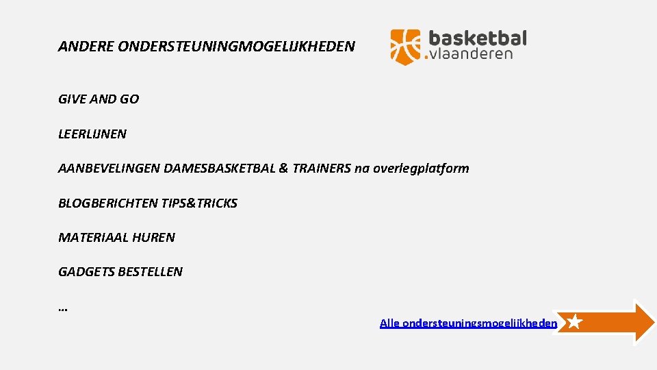 ANDERE ONDERSTEUNINGMOGELIJKHEDEN GIVE AND GO LEERLIJNEN AANBEVELINGEN DAMESBASKETBAL & TRAINERS na overlegplatform BLOGBERICHTEN TIPS&TRICKS