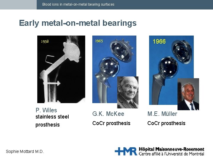 Blood ions in metal-on-metal bearing surfaces Early metal-on-metal bearings 1938 P. Wiles 1965 1966