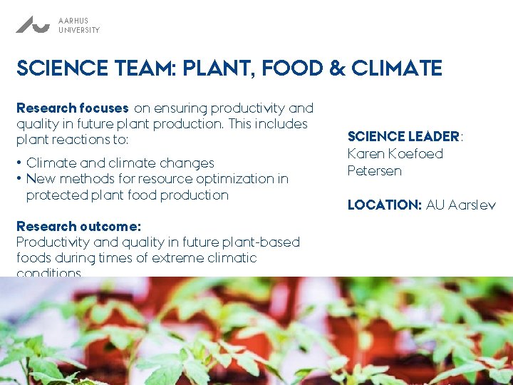 AARHUS UNIVERSITY SCIENCE TEAM: PLANT, FOOD & CLIMATE Research focuses on ensuring productivity and