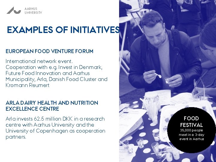 AARHUS UNIVERSITY EXAMPLES OF INITIATIVES EUROPEAN FOOD VENTURE FORUM International network event. Cooperation with