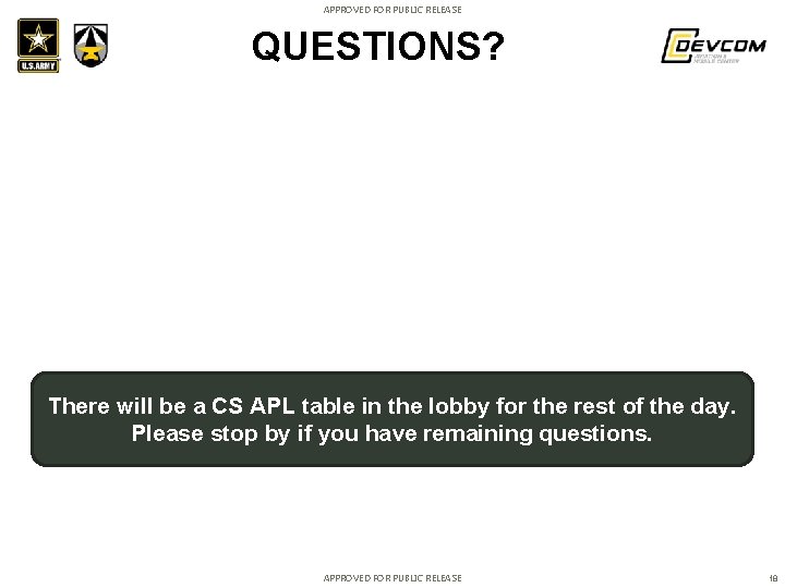 APPROVED FOR PUBLIC RELEASE QUESTIONS? There will be a CS APL table in the