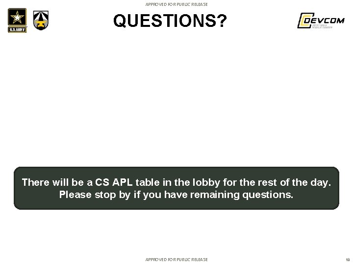 APPROVED FOR PUBLIC RELEASE QUESTIONS? There will be a CS APL table in the APPROVED FOR PUBLIC RELEASE QUESTIONS? There will be a CS APL table in the
