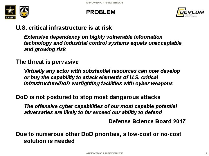 APPROVED FOR PUBLIC RELEASE PROBLEM U. S. critical infrastructure is at risk Extensive dependency APPROVED FOR PUBLIC RELEASE PROBLEM U. S. critical infrastructure is at risk Extensive dependency