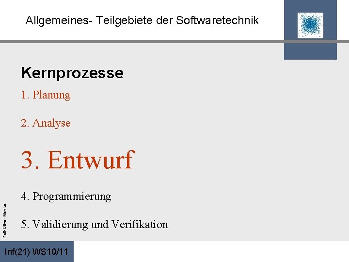 Allgemeines- Teilgebiete der Softwaretechnik Kernprozesse 1. Planung 2. Analyse 3. Entwurf Ralf-Oliver Mevius 4.