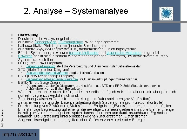 2. Analyse – Systemanalyse § § § § Darstellung der Analyseergebnisse: qualitativ: Concept-Map, Flussdiagramm,